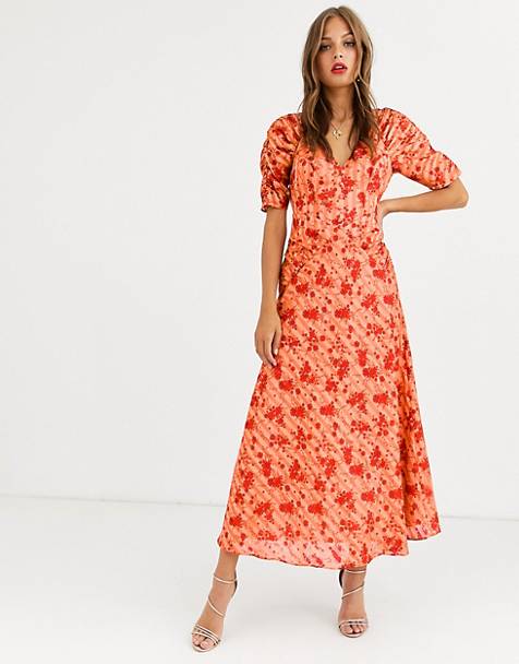 ASOS DESIGN button through maxi tea dress with ruched sleeves in floral print