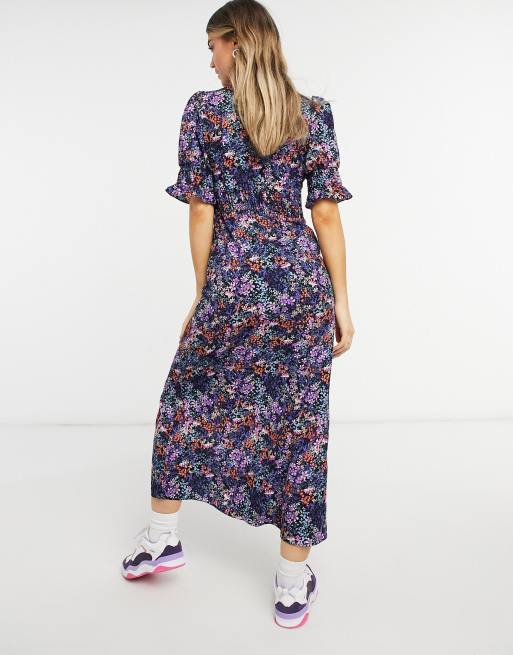 ASOS DESIGN Button through maxi tea dress with shirred waist in purple floral