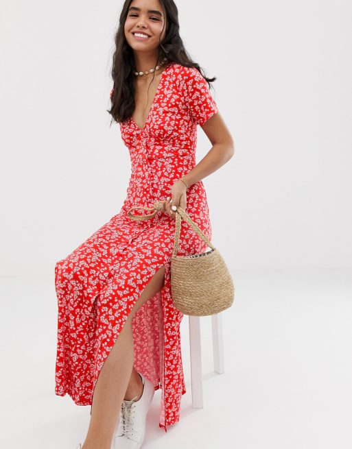 ASOS DESIGN button through maxi tea dress with splits in ditsy print