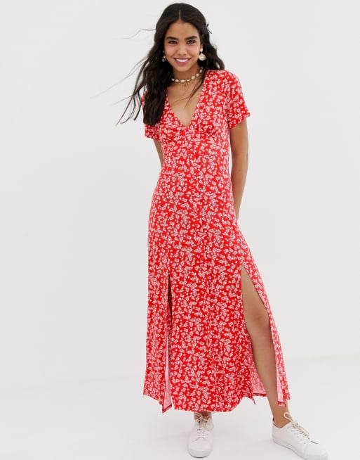 ASOS DESIGN button through maxi tea dress with splits in ditsy print