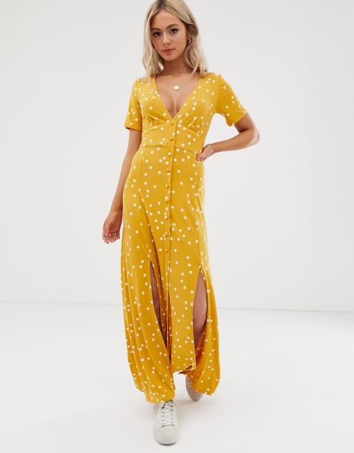 Asos Design Button Through Maxi Tea Dress With Splits In Polka Dot Asos