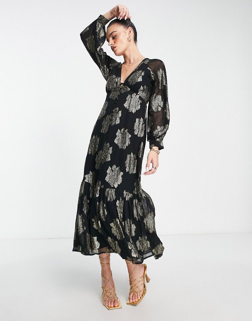 ASOS DESIGN button through metallic maxi tea dress in black-Multi