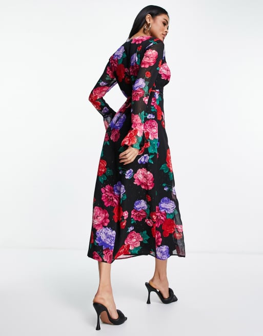 ASOS DESIGN button through metallic maxi tea dress with fluted sleeves in bold rose floral, 3 of 4