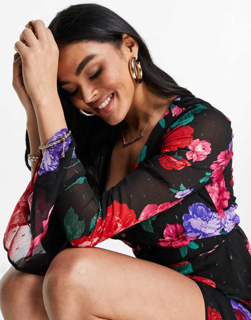 ASOS DESIGN button through metallic maxi tea dress with fluted sleeves in bold rose floral, 4 of 4