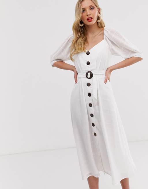Image result for ASOS DESIGN button through midi dress with puff sleeves and buckle belt in self stripe