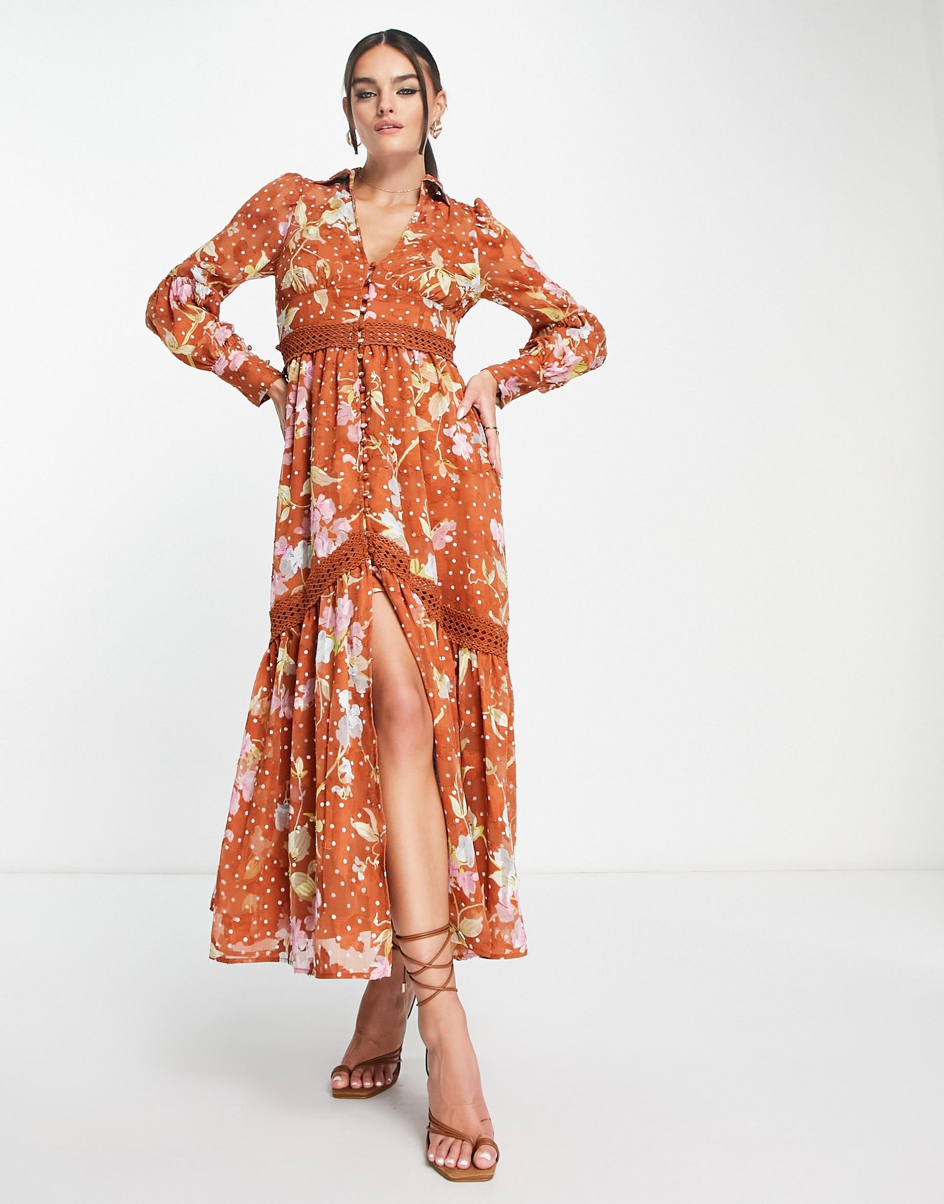 asos design button through midi shirt dress with lace inserts in burnout in rust floral print