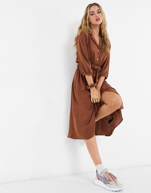 ASOS DESIGN button through midi shirt dress with ruched waist in brown