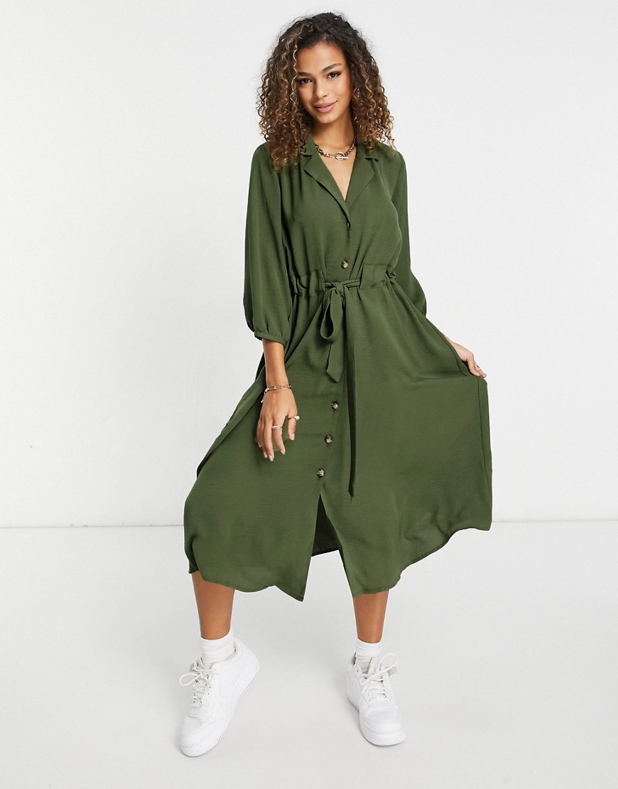 ASOS DESIGN button through midi shirt dress with ruched waist in khaki-Green