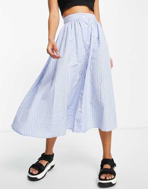 ASOS DESIGN button through midi skirt in blue cotton stripe