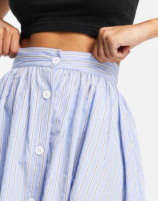 ASOS DESIGN button through midi skirt in blue cotton stripe, 3 of 4