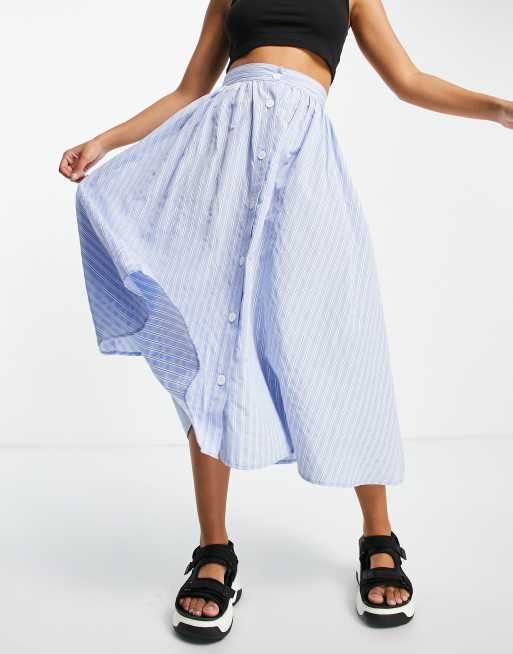 ASOS DESIGN button through midi skirt in blue cotton stripe, 4 of 4