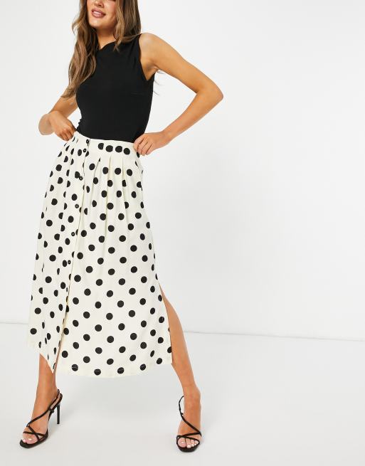ASOS DESIGN button through midi skirt with deep pocket detail in cream & black spot print, 4 of 4