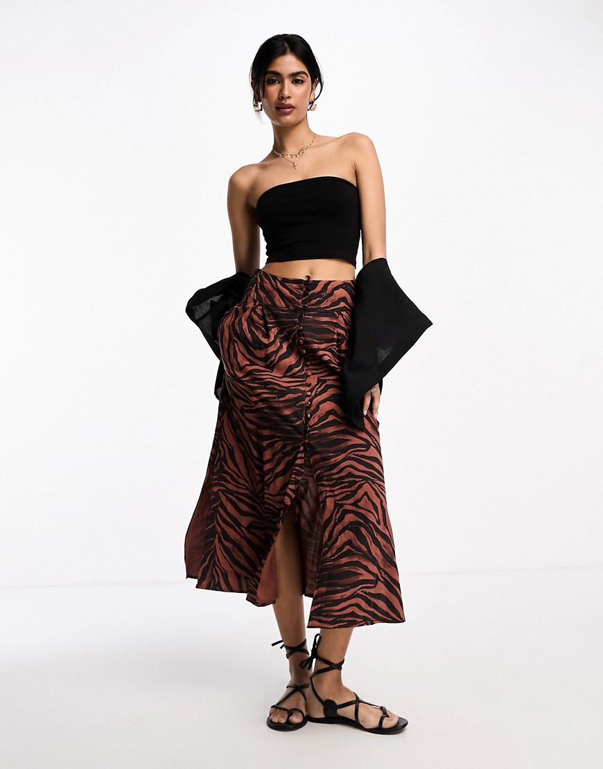 ASOS DESIGN button through midi skirt with split in dark zebra print-Multi