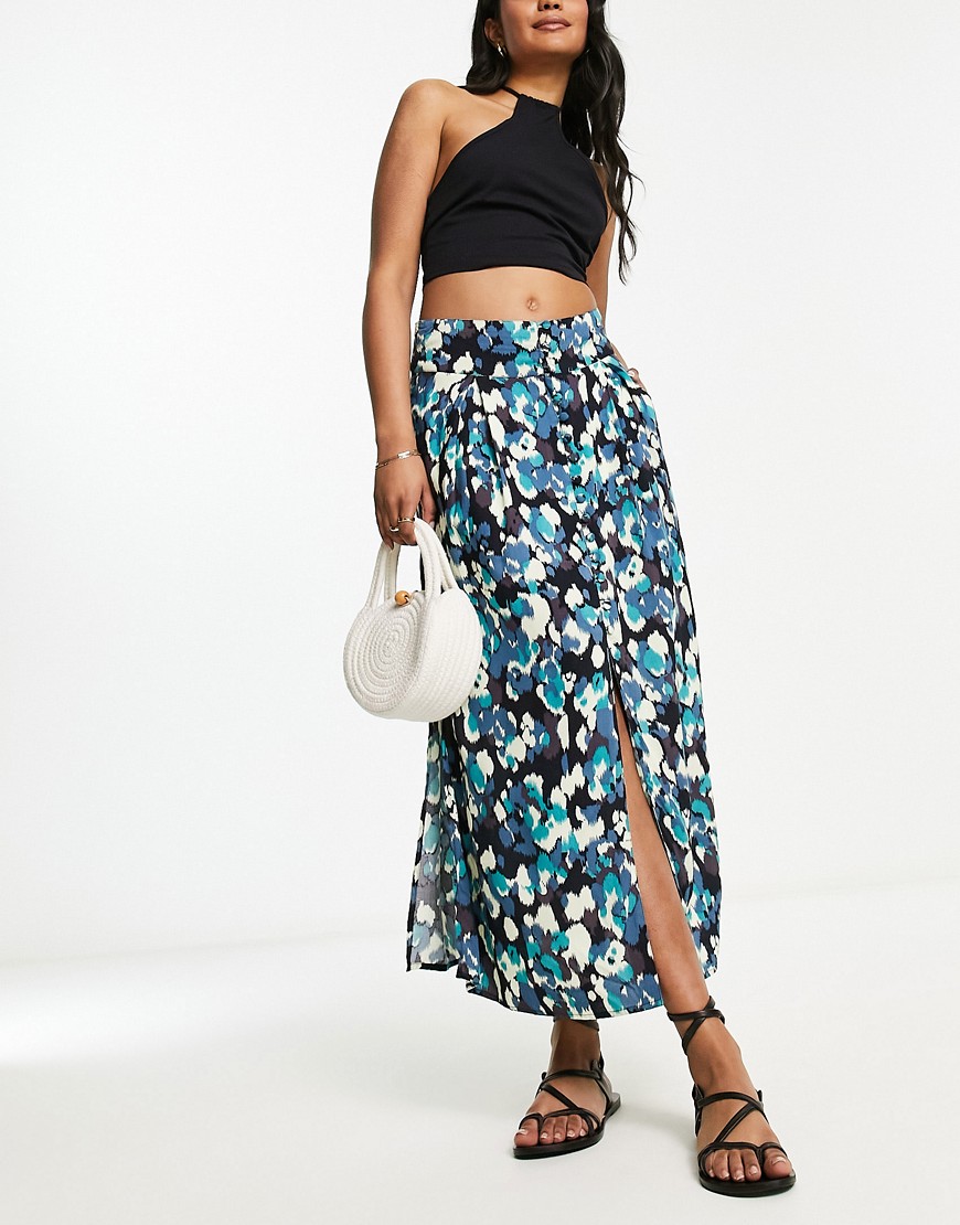 ASOS DESIGN button through midi skirt with split in green and black abstract print-Multi
