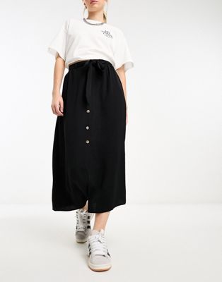 Asos Design Button Through Midi Skirt With Tie Waist In Black