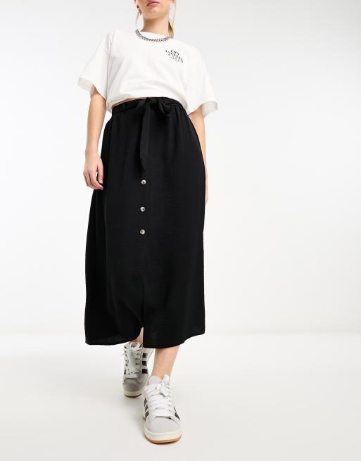 ASOS DESIGN button through midi skirt with tie waist in black