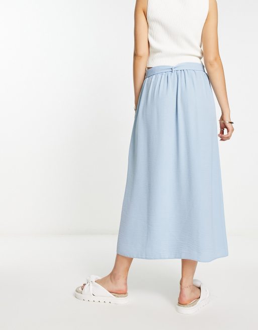 ASOS DESIGN button through midi skirt with tie waist in blue