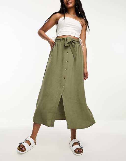 ASOS DESIGN button through midi skirt with tie waist in khaki