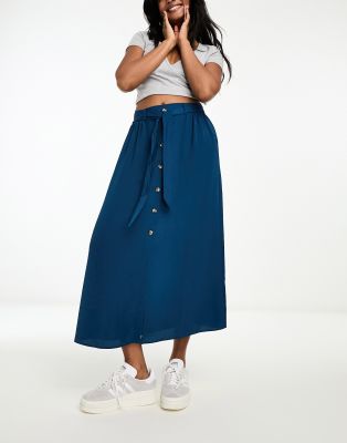 Asos Design Button Through Midi Skirt With Tie Waist In Navy-blue