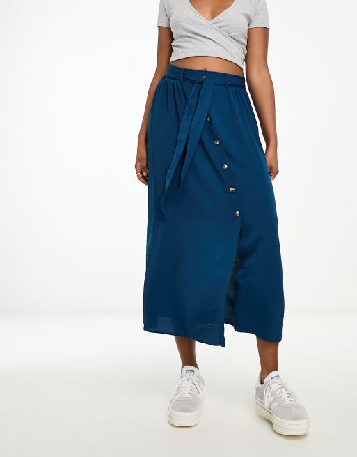 ASOS DESIGN button through midi skirt with tie waist in navy