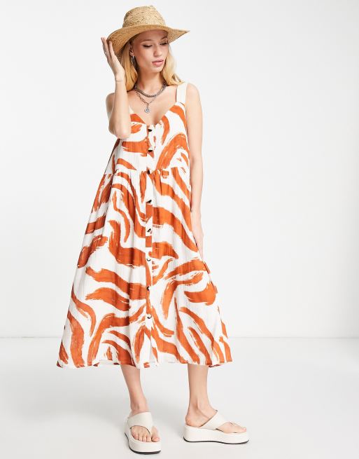 ASOS DESIGN button through midi sundress in abstract print with grosgrain  straps