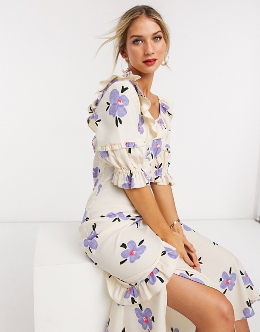 ASOS DESIGN button through midi tea dress in soft floral print