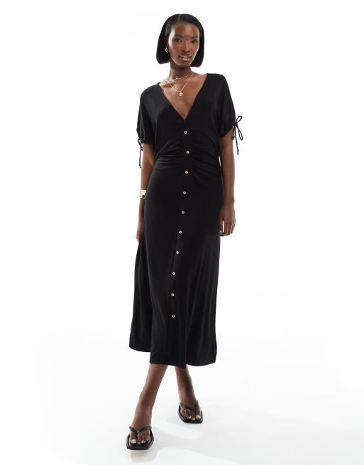 FhyzicsShops DESIGN button through midi tea reads dress with tie sleeve in black