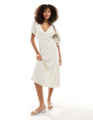 button through midi tea dress with tie sleeve in cream-White