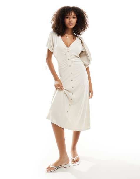 ASOS DESIGN button through midi tea dress with tie sleeve in cream - view 1