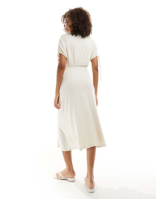 ASOS DESIGN button through midi tea dress with tie sleeve in cream | ASOS