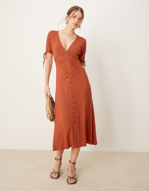 ASOS DESIGN button through midi tea dress with tie sleeve in red ASOS