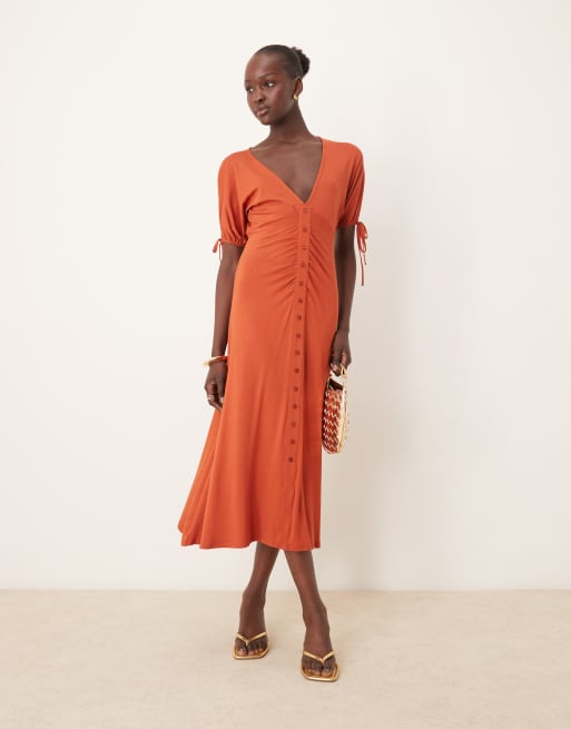 ASOS DESIGN button through midi tea dress with tie sleeve in red, 2 of 4