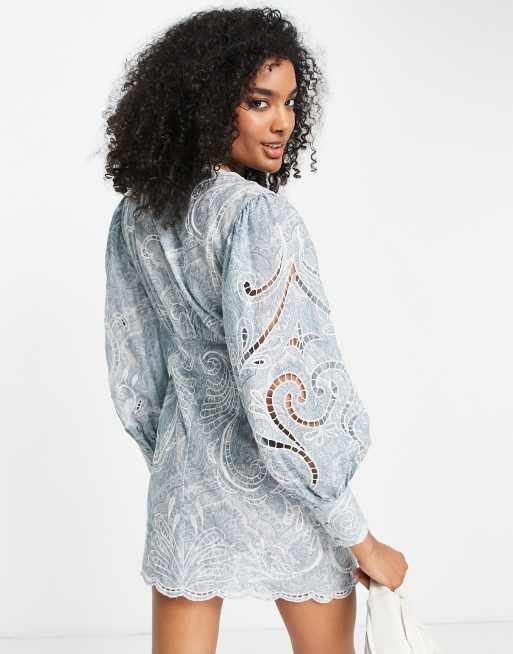 ASOS DESIGN button through mini cutwork dress in paisley floral