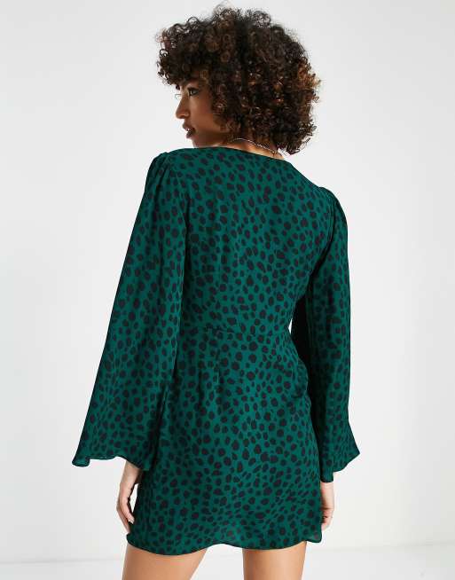 ASOS DESIGN button through mini dress with 70s sleeve in green animal print ASOS