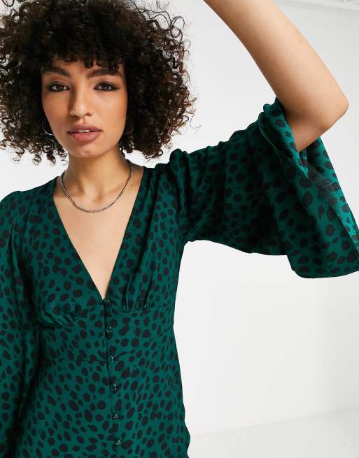 ASOS DESIGN button through mini dress with 70s sleeve in green animal print