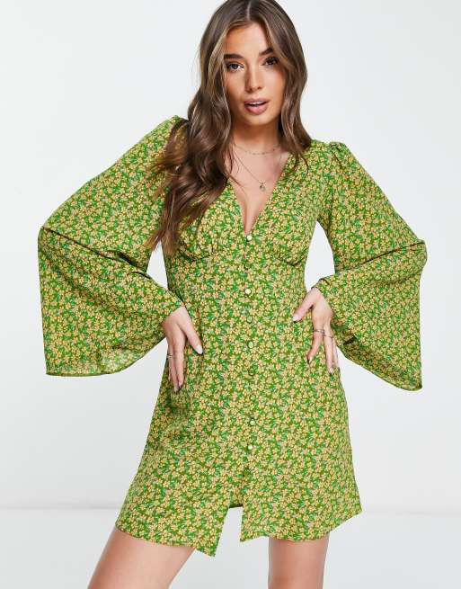 ASOS DESIGN button through mini dress with 70s sleeve in khaki ditsy print