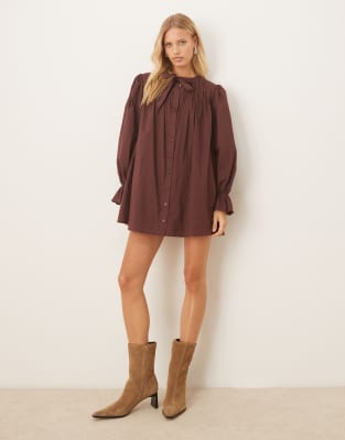 ASOS DESIGN button through mini dress with tie neck detail in rich burgundy-Brown