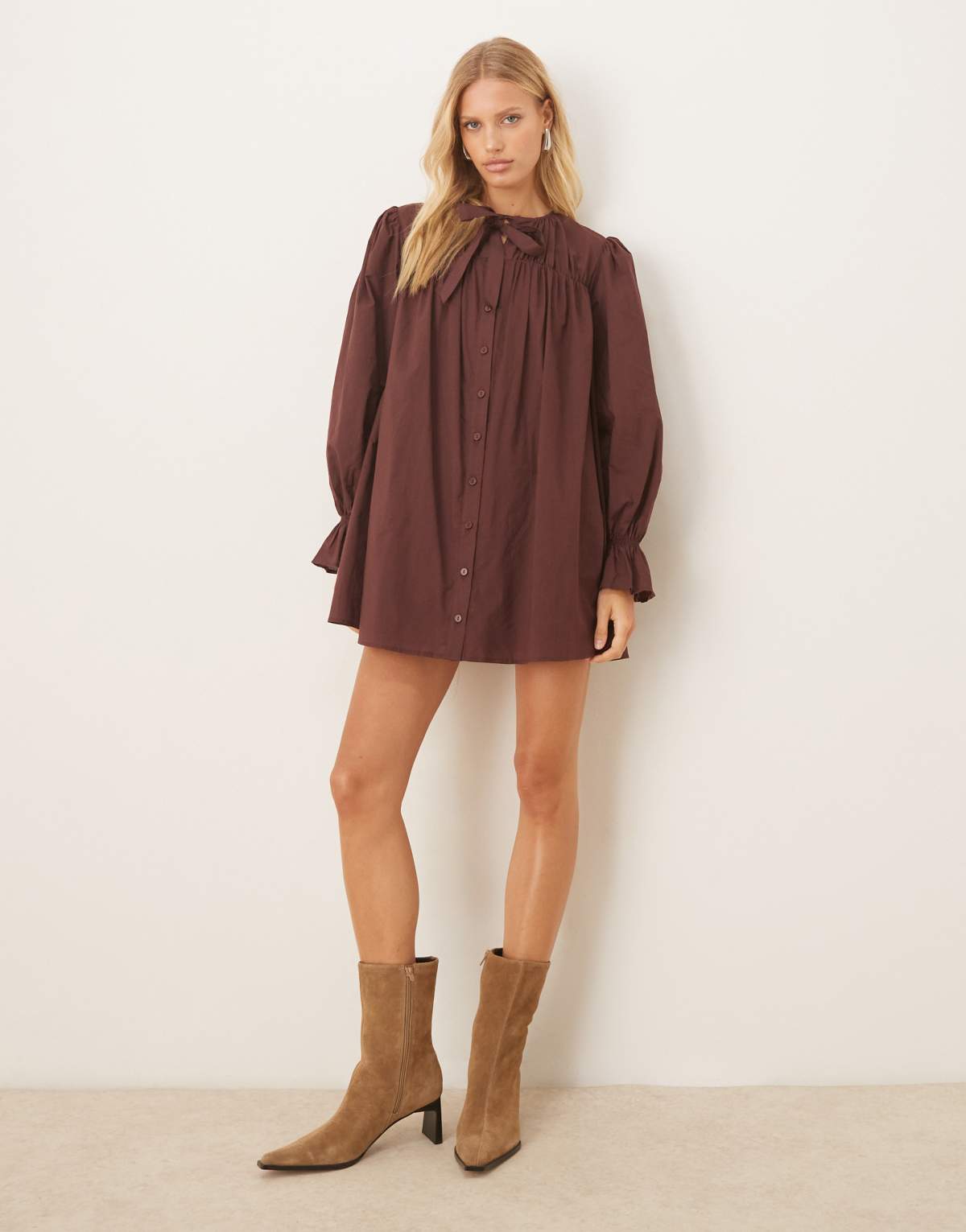 ASOS DESIGN button through mini dress with tie neck detail in rich burgundy