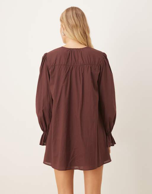 ASOS DESIGN button through mini dress with tie neck detail in rich burgundy