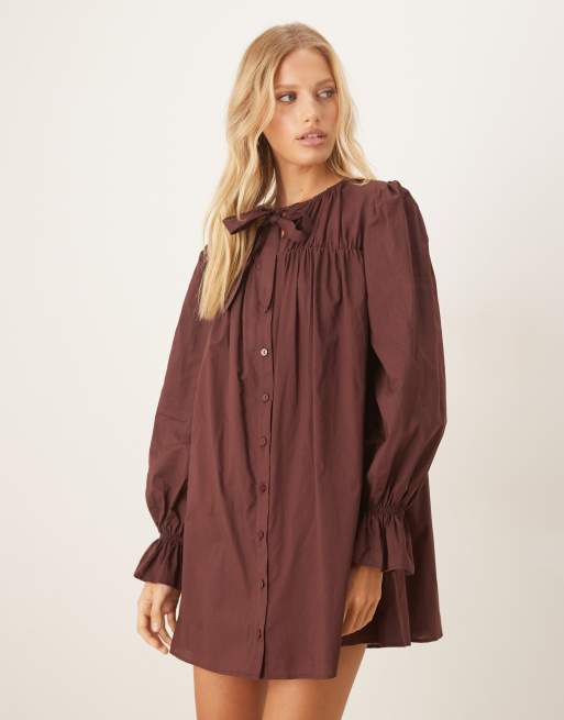 ASOS DESIGN button through mini dress with tie neck detail in rich burgundy