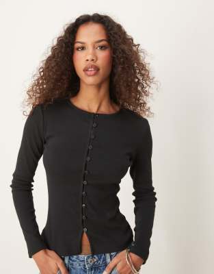 button through mini rib cardigan in black