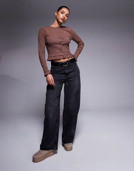 ASOS DESIGN button through mini rib top with mini frill detail in brown