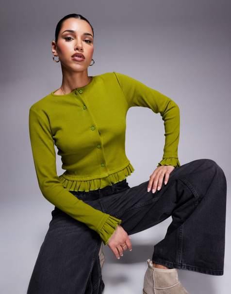 ASOS DESIGN button through mini rib top with mini frill detail in olive green - view 1
