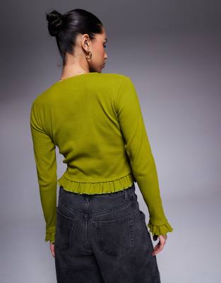 Asos Design Button Through Mini Rib Top With Mini Ruffle Detail In-green In Green