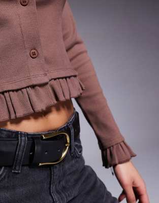 Asos Design Button Through Mini Rib Top With Mini Ruffle Detail In-brown In Brown