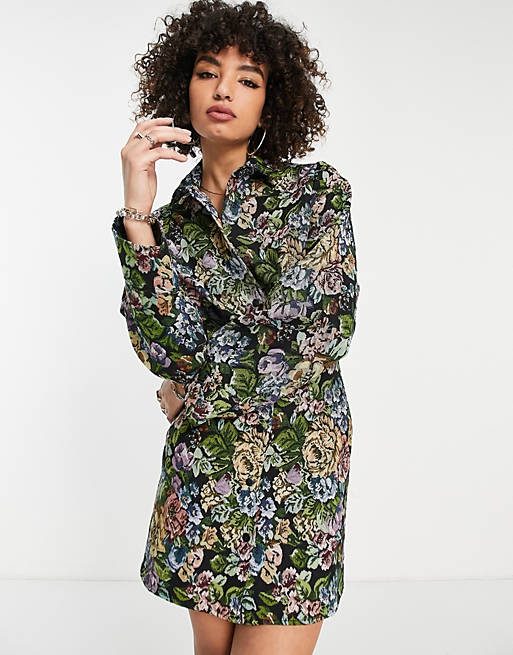 Women button through mini shirt dress in tapestry floral jacquard 