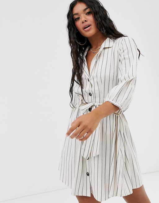 ASOS DESIGN button through mini shirt dress with ruched waist in stripe