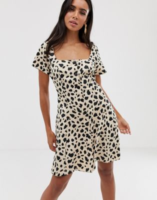 ASOS DESIGN button through mini skater dress in leopard print-Multi