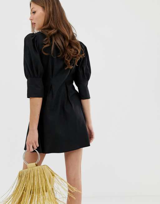 Black Button Front Fitted Puff Sleeve Skater Dress