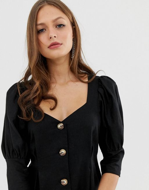 Black Button Front Fitted Puff Sleeve Skater Dress